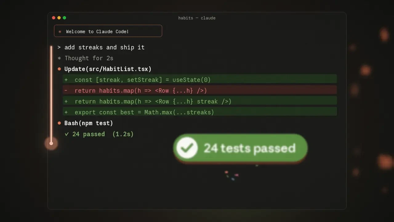 טרמינל של Claude Code עם באדג' 24 tests passed שקופץ לכיוון המצלמה