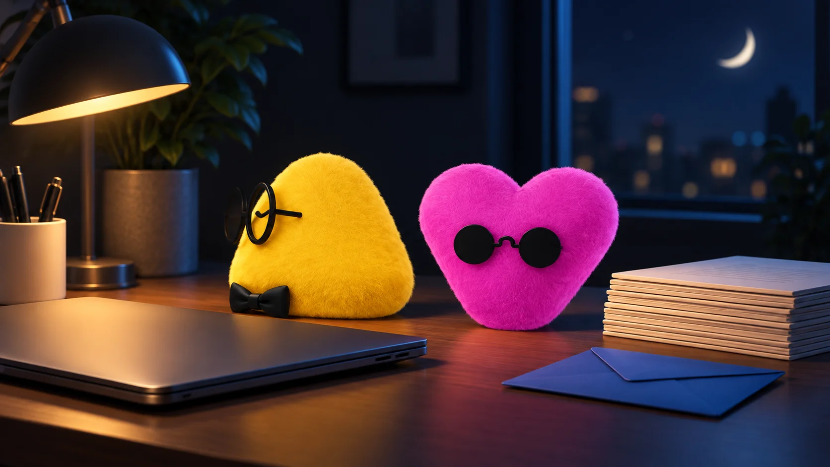 דמויות dots הצהובה והוורודה ליד מחשב סגור, מסמכים ומעטפה על שולחן בלילה
