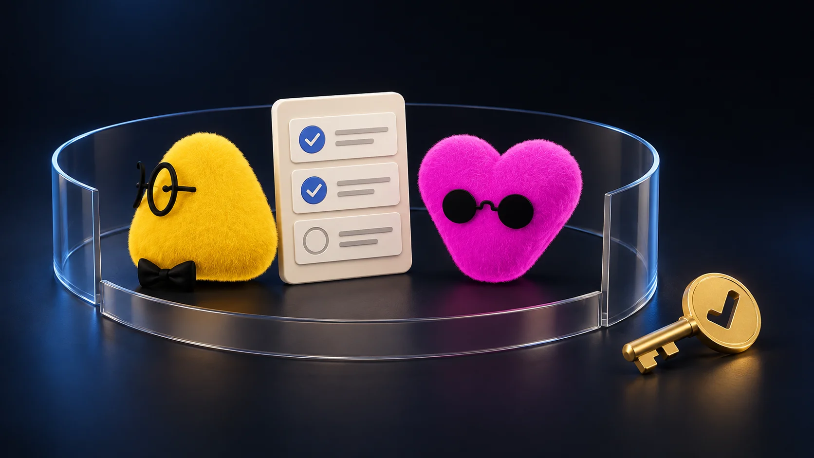דמויות dots הצהובה והוורודה לצד רשימת משימות בתוך גבול שקוף ומפתח אישור מחוץ לו