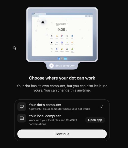 מסך בחירת מחשב: Your dot's computer מסומן, Your local computer עם Open app וכפתור Continue