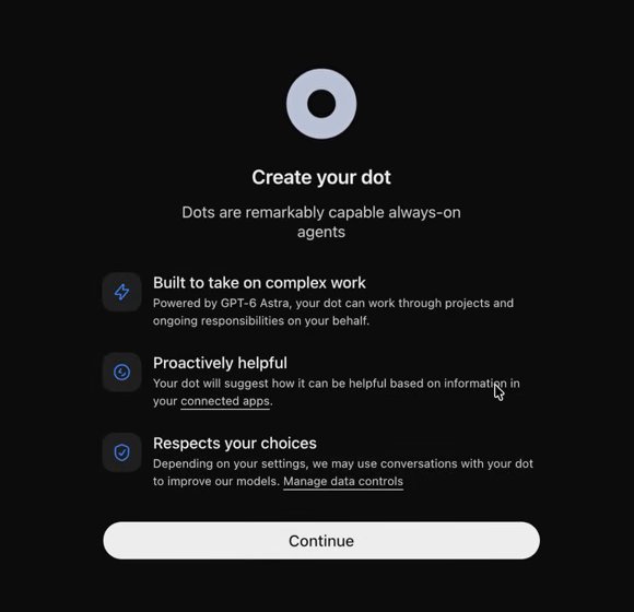 מסך Create your dot עם כפתור Continue בתחתית