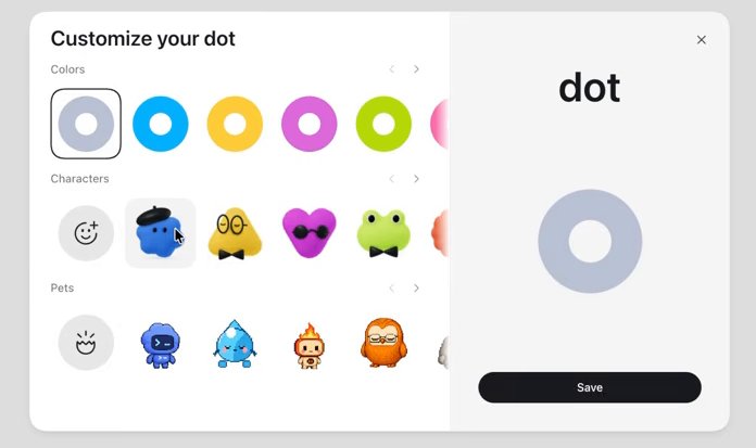 חלון Customize your dot עם Colors, Characters ו-Pets, תצוגת שם וכפתור Save